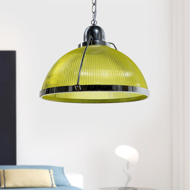 Industrial Ribbed Dome Pendant Lamp in White/Red/Yellow - Acrylic and Metal