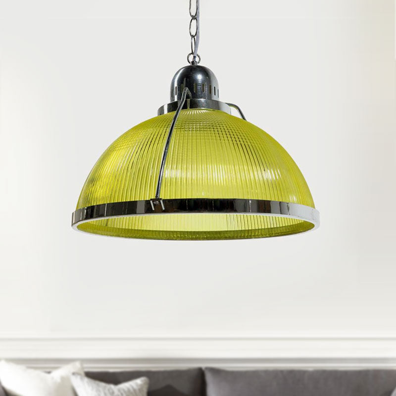 Industrial 1 Head Ribbed Dome Pendant Lamp In White/Red/Yellow - Acrylic & Metal Construction Ideal