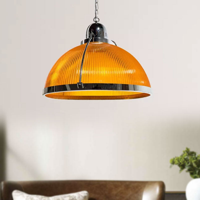 Industrial 1 Head Ribbed Dome Pendant Lamp In White/Red/Yellow - Acrylic & Metal Construction Ideal