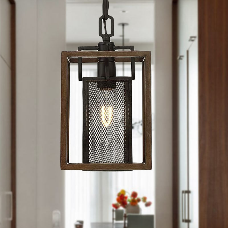 Vintage Black Mesh Screen Pendant Light with Metal Fixture and Rectangle Shade - Bedroom Hanging Light Solution