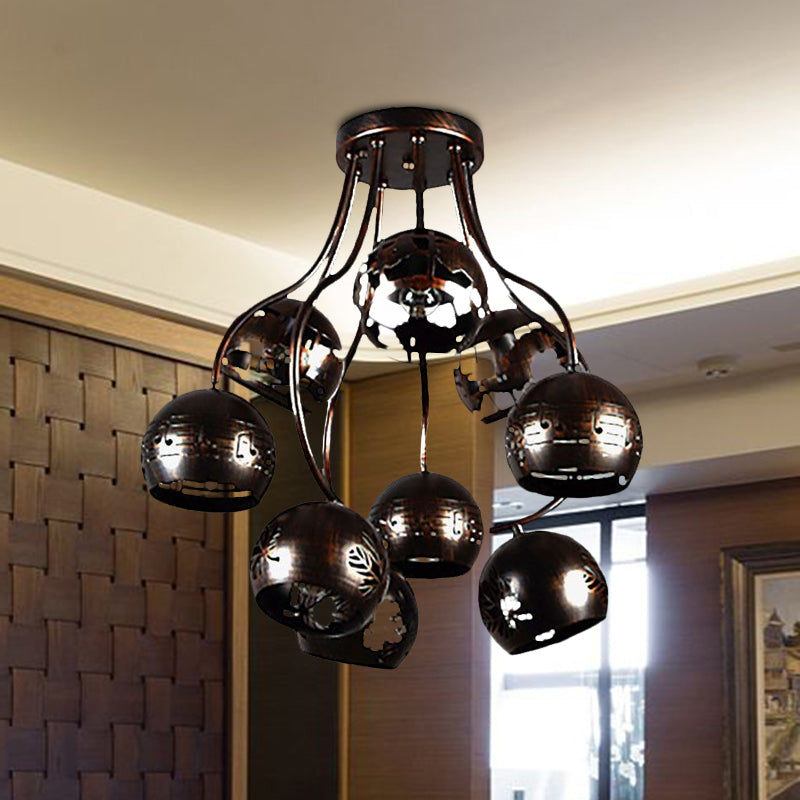 Farmhouse Style Iron Chandelier - Global Semi Flush Ceiling Light with Music Note and Leaf Design in Rust