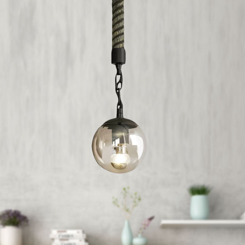 Lodge Style Black Finish Glass Pendant Light With Rope - Tan Color