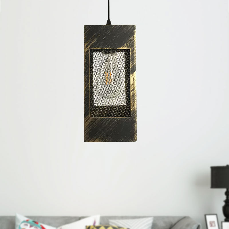 Rustic Metal Rectangle Pendant Light: 1-Light Bedroom Hanging Lamp in Aged Brass/Copper