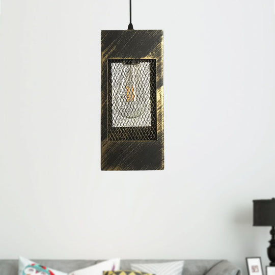 Rustic Metal Rectangle Pendant Light - 1 Bedroom Hanging Lamp With Mesh Shade In Aged