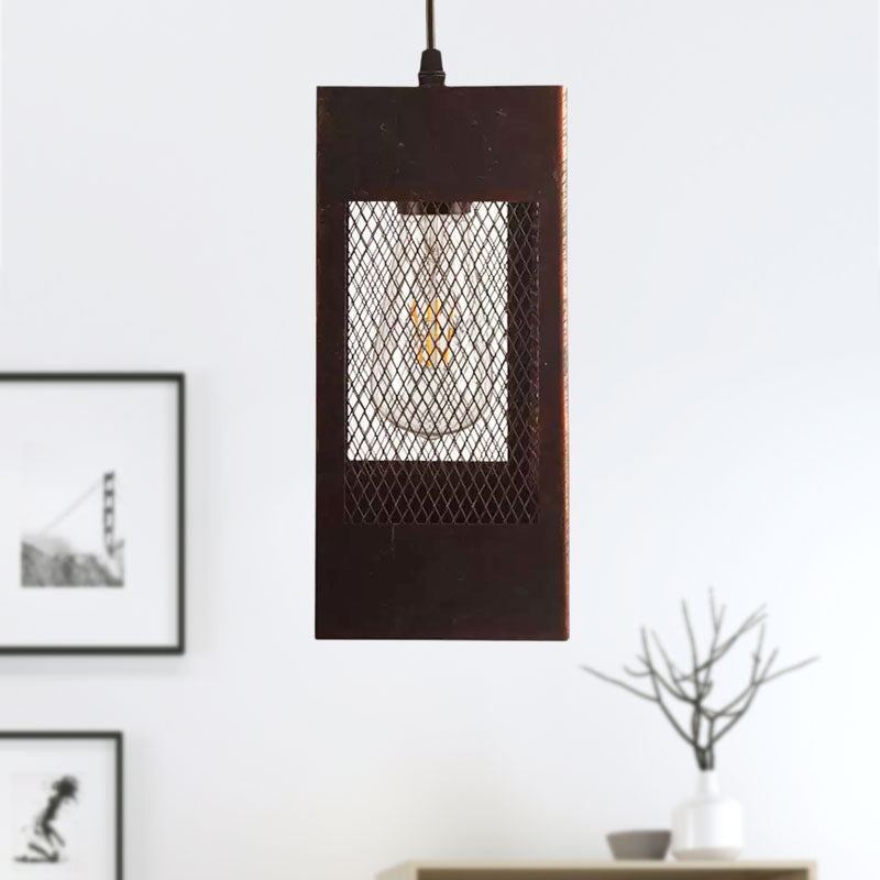 Rustic Metal Rectangle Pendant Light - 1 Bedroom Hanging Lamp With Mesh Shade In Aged