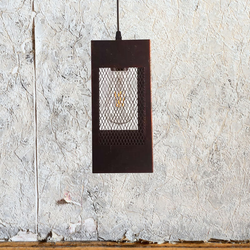 Rustic Metal Rectangle Pendant Light - 1 Bedroom Hanging Lamp With Mesh Shade In Aged