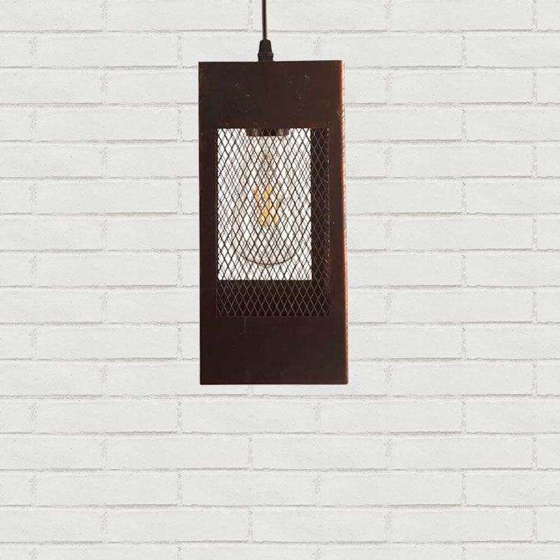 Rustic Metal Rectangle Pendant Light - 1 Bedroom Hanging Lamp With Mesh Shade In Aged