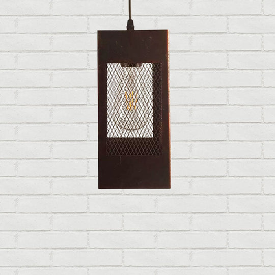 Rustic Metal Rectangle Pendant Light - 1 Bedroom Hanging Lamp With Mesh Shade In Aged