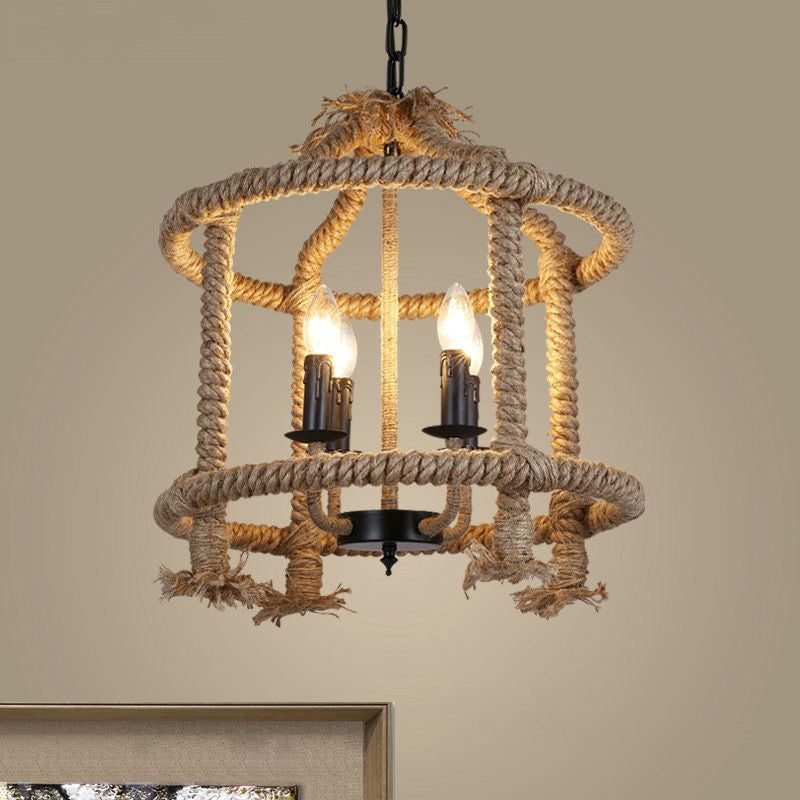 Lodge-Style Brown Pendant Lamp With 4 Rope Cage Shades - Stylish Hanging Light Fixture Perfect For