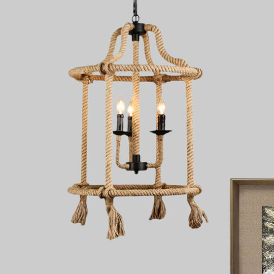 Brown Geometric Ceiling Light With Retro Style Cage Shade - Hemp Rope 3 Lights Dining Room