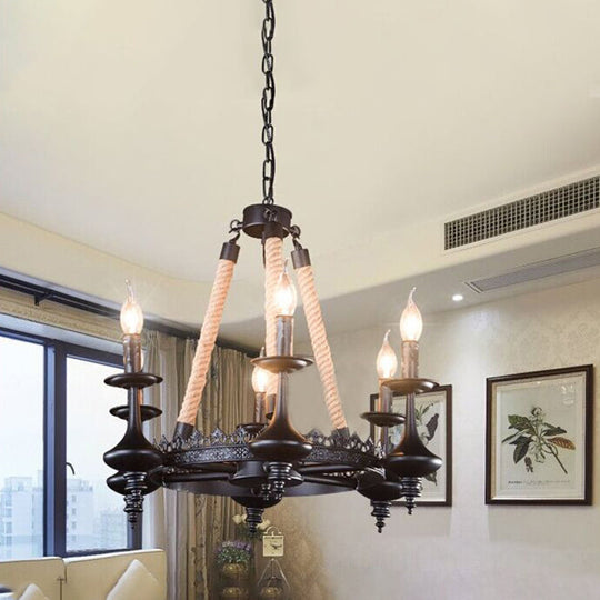 Retro Industrial Pendant Light Fixture With Exposed Bulbs - 3/6 Heads Metal Ceiling Mount Rope For