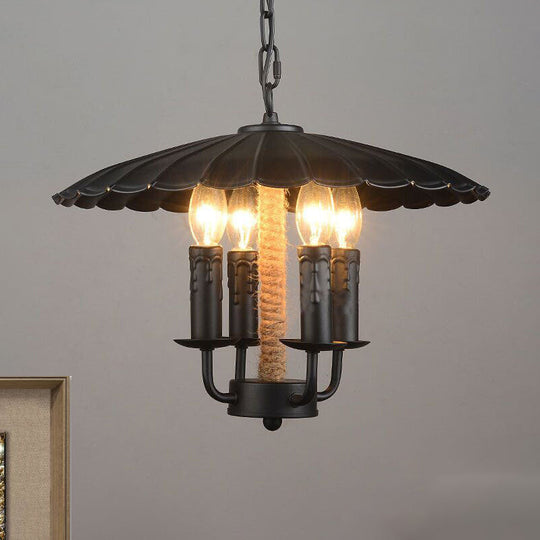 Retro Style Wavy Pendant Light With 4 Metal Candle Bulbs In Black - Ideal For Dining Room