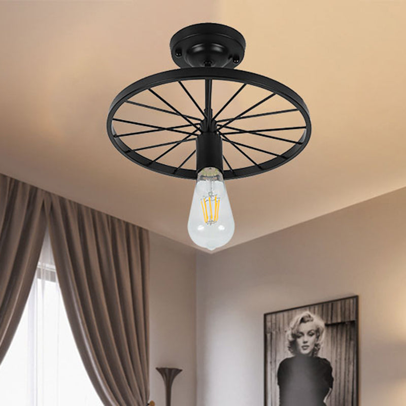 Industrial Style Metal Semi Flush Ceiling Light with Black Finish - Bare Bulb Restaurant Fixture