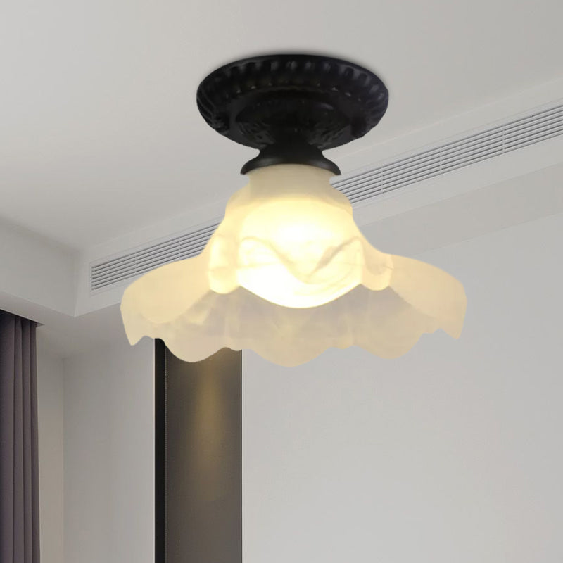 Industrial Black Semi Flush Ceiling Light with Milky Glass Shade – Perfect for Gallery