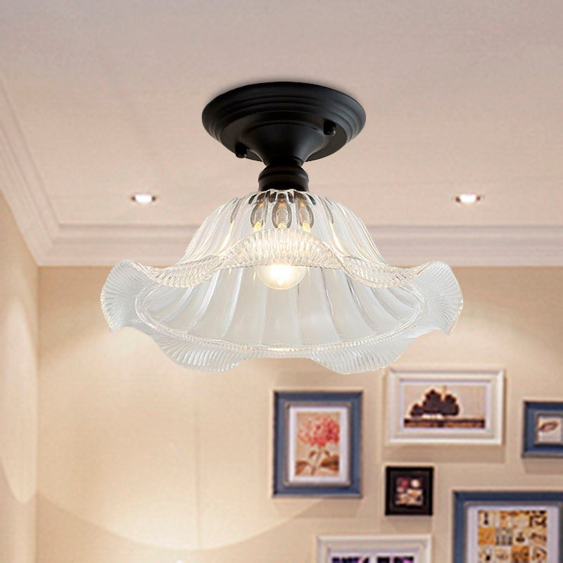 Vintage Textured Glass Semi Flush Ceiling Lighting in Clear for Living Room - One Light Barn/Dome/Wavy Design