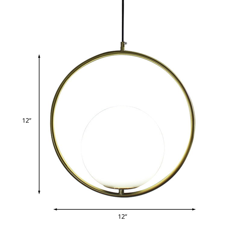 Retro Industrial Gold Suspension Light - Head Ring Pendant with Opal Glass Shade, 12"/14" Width