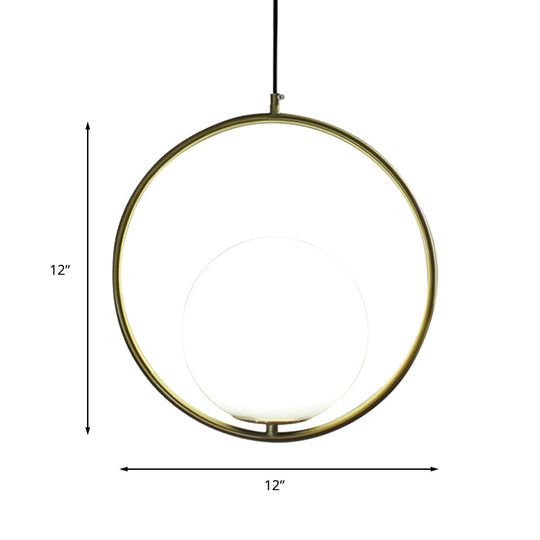 Retro Industrial Gold Suspension Light - Head Ring Pendant with Opal Glass Shade, 12"/14" Width