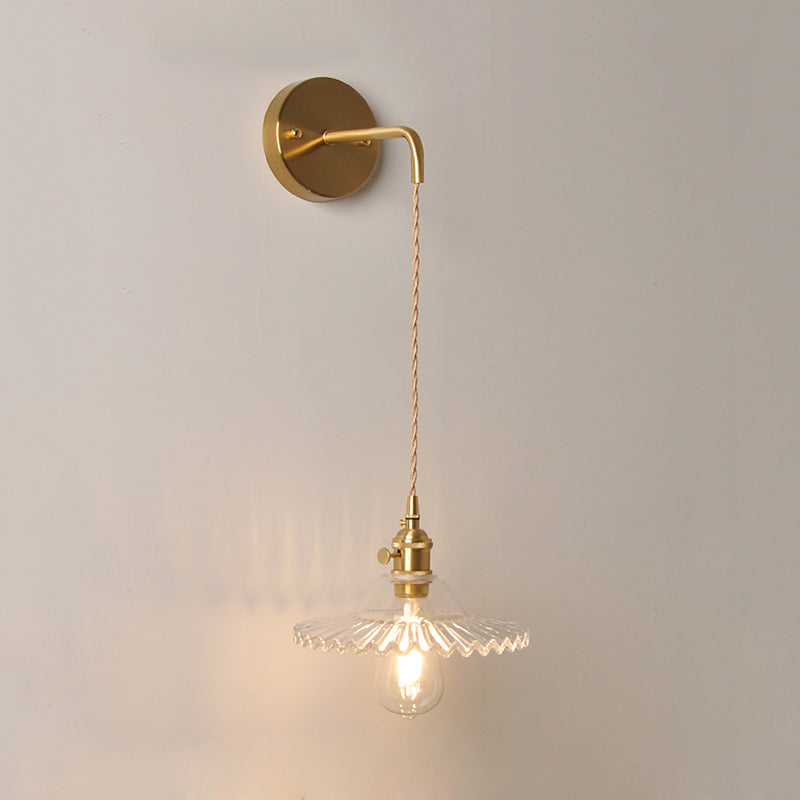 Industrial Brass Wall Mounted Lamp: Scalloped Clear/Opal Glass Bedroom Sconce Light With Single Bulb