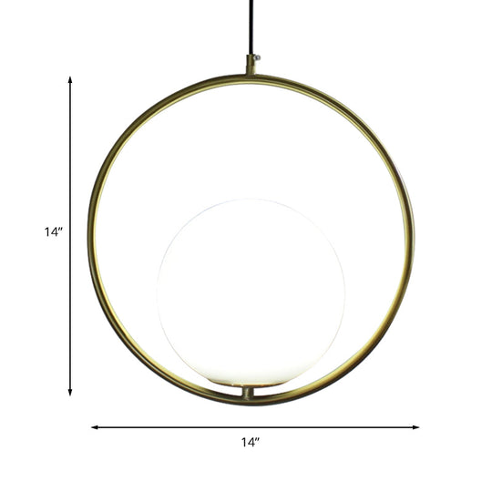 Retro Industrial Gold Suspension Light - Head Ring Pendant with Opal Glass Shade, 12"/14" Width