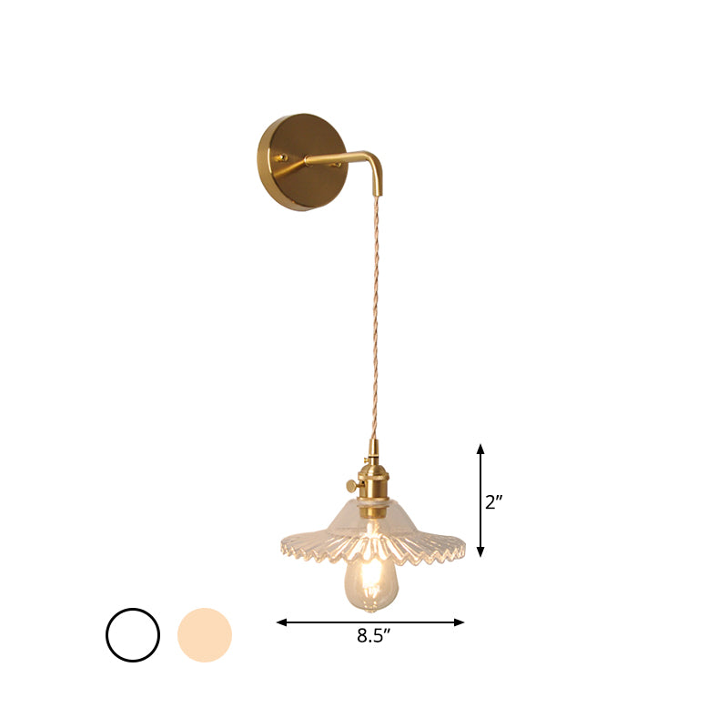 Industrial Brass Wall Mounted Lamp: Scalloped Clear/Opal Glass Bedroom Sconce Light With Single Bulb