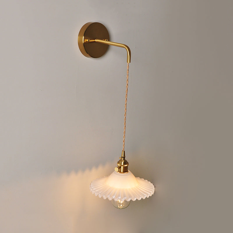 Industrial Brass Wall Mounted Lamp: Scalloped Clear/Opal Glass Bedroom Sconce Light With Single Bulb