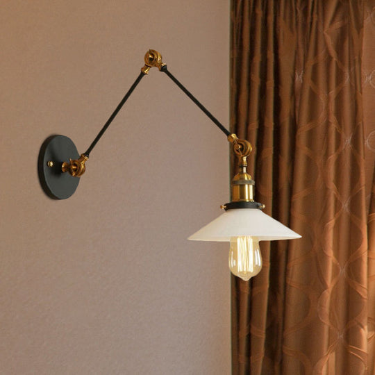 1-Light Saucer Shade Wall Sconce With Swing Arm - Industrial Brass/Bronze Finish And Frosted Glass