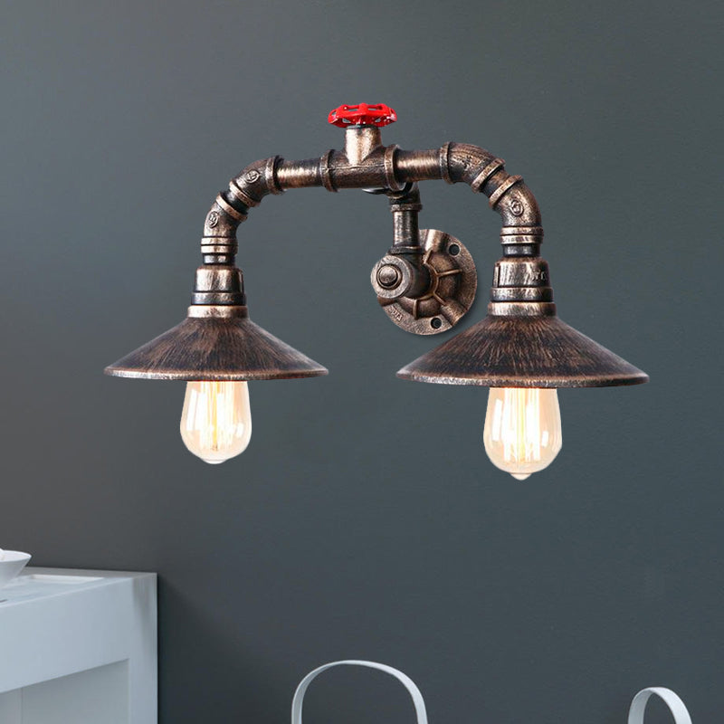 Conical Rustic Iron Wall Sconce With Industrial Pipe And Valve - 2-Light Farmhouse Fixture In