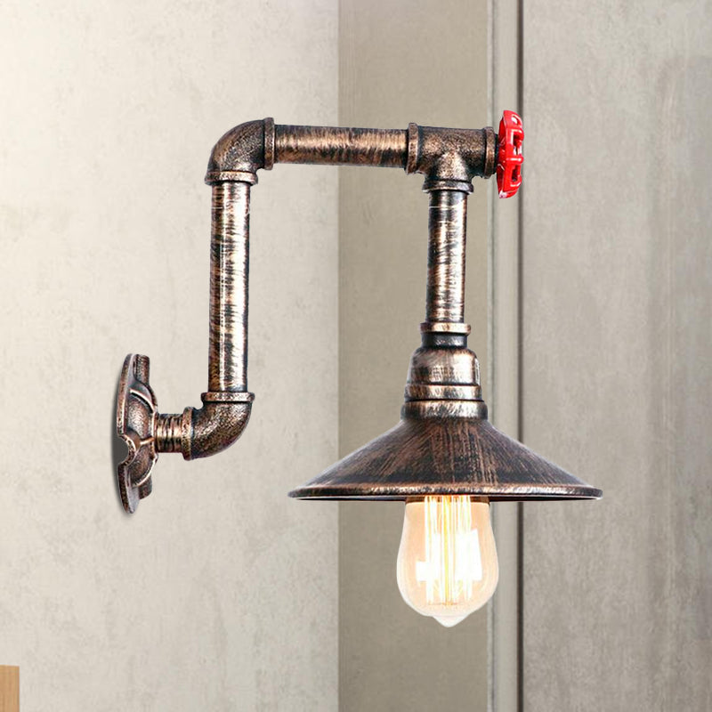 Antique Bronze Metallic Saucer Wall Lamp - Warehouse 1 Bulb Corridor Mount Light With Red Valve And