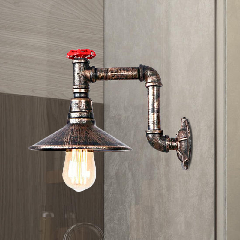 Wrought Iron Water Pipe Wall Lamp With Saucer Shade - Retro Vintage Balcony Sconce Lighting In Aged