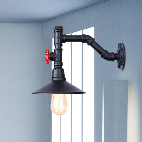 Industrial Flared Wall Lamp Sconce With Plumbing Pipe And Red Valve - Black 1 Bulb