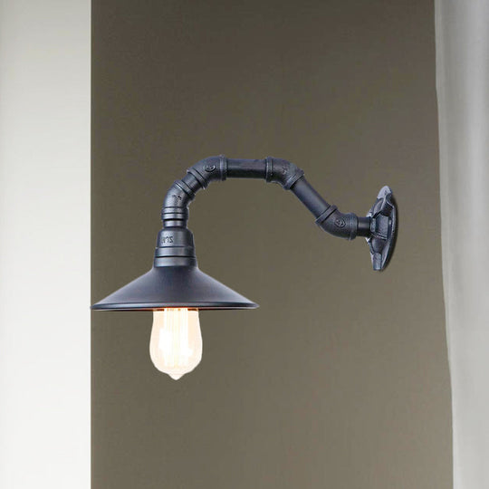 Black Finish Industrial Wall Light With Curved Pipe And Saucer Shade