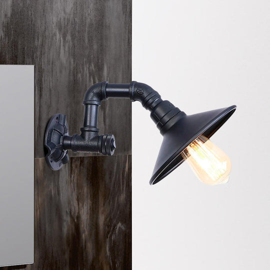 Industrial Metal Wall Light: Matte Black Piped Mount With Cone Shade For Corridor 1 Head