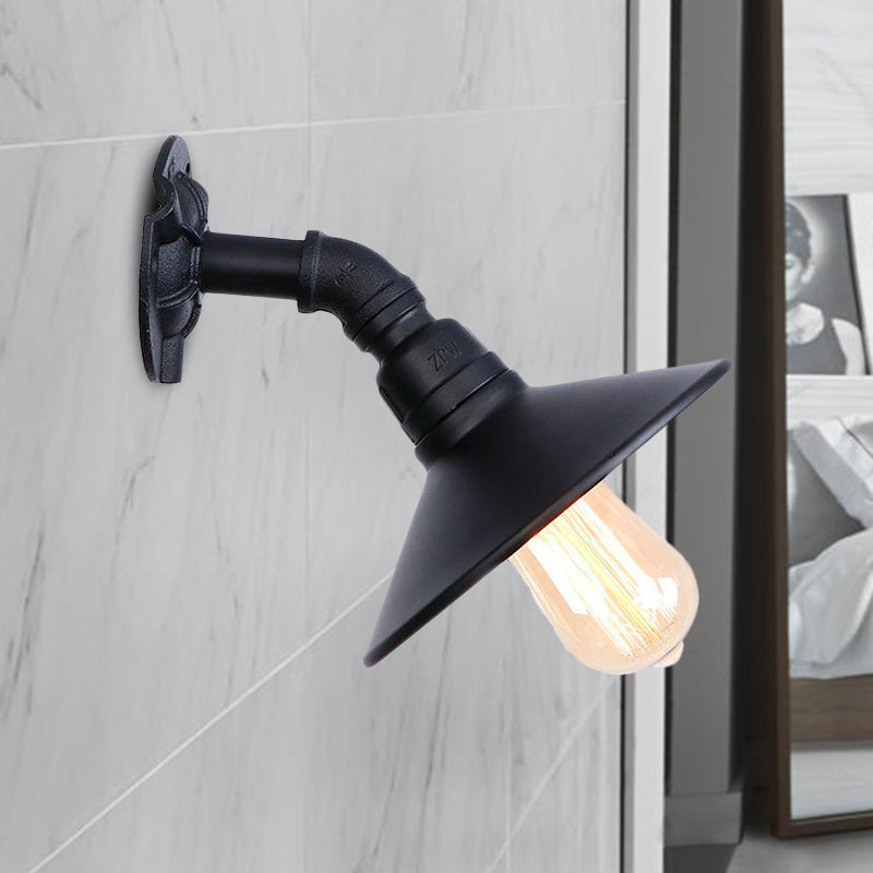 Curved Pipe Metal Wall Mount Sconce With Conic Shade - Industrial Style Hallway Lamp In Black