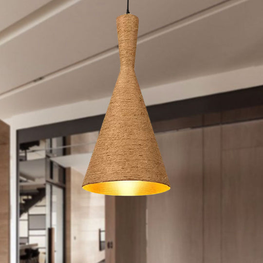 Farmhouse Style Hemp Rope Pendant Light With Shade - Brown Color For Restaurants And Kitchens