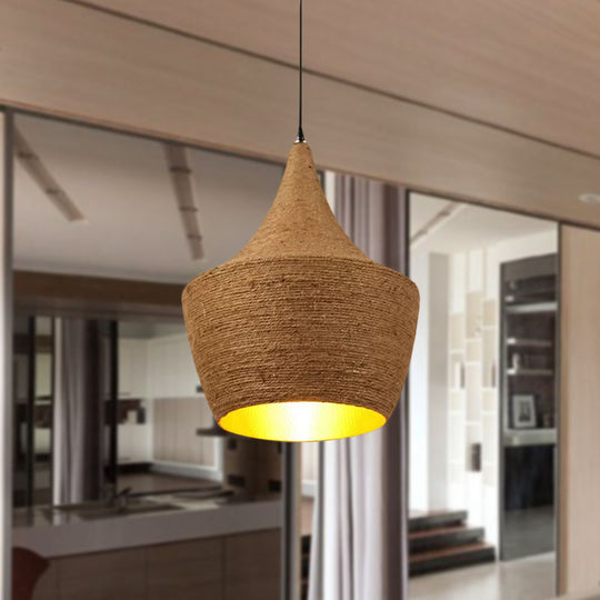 Farmhouse Style Hemp Rope Pendant Light With Shade - Brown Color For Restaurants And Kitchens