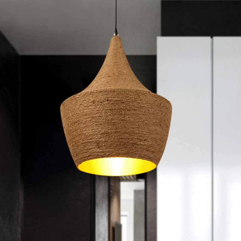 Farmhouse Style Hemp Rope Pendant Light With Shade - Brown Color For Restaurants And Kitchens