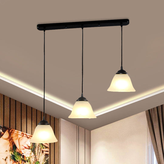 Vintage Flared White Glass Pendant Light Fixture for Dining Room, with 3-Light Multi Pendant Design and Linear Canopy