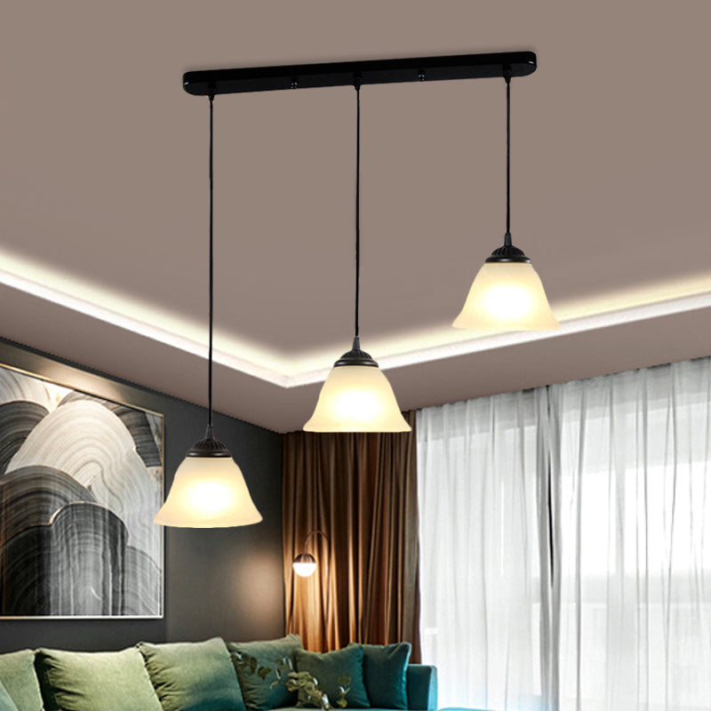 Vintage Flared White Glass Pendant Light Fixture for Dining Room, with 3-Light Multi Pendant Design and Linear Canopy