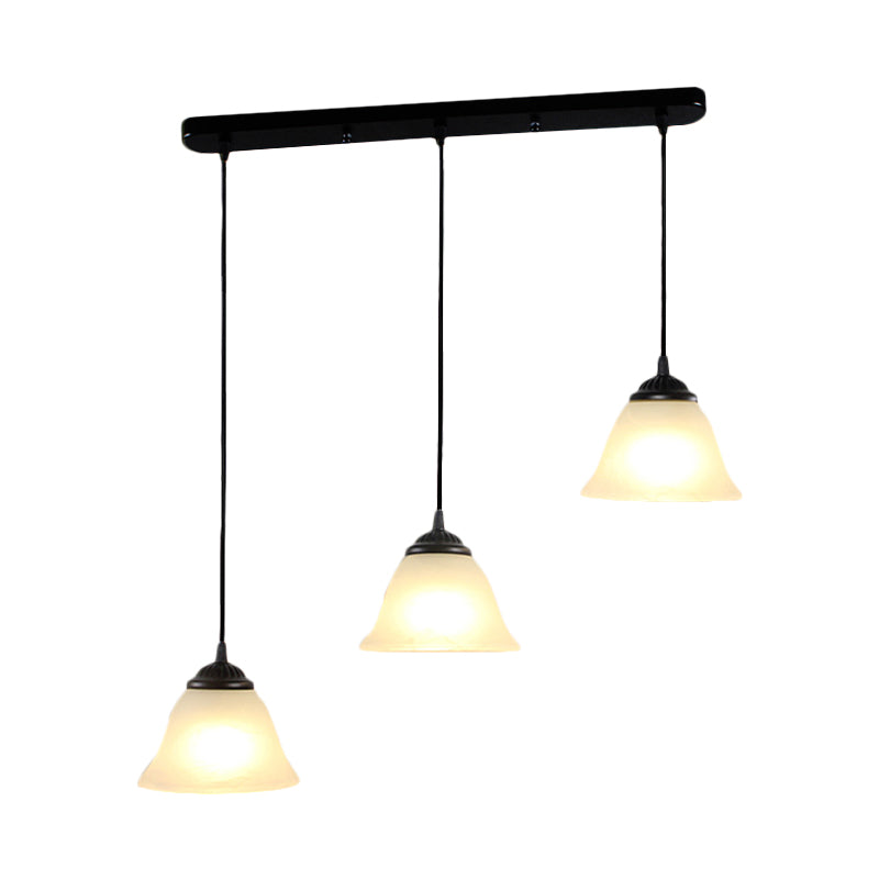 Vintage Flared White Glass Dining Room Pendant Light Fixture With Linear Canopy - 3-Light Multi