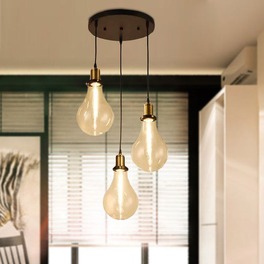 Industrial Brass Clear Glass Pendant Lighting with 3 Bare Bulb Multi Ceiling Lights