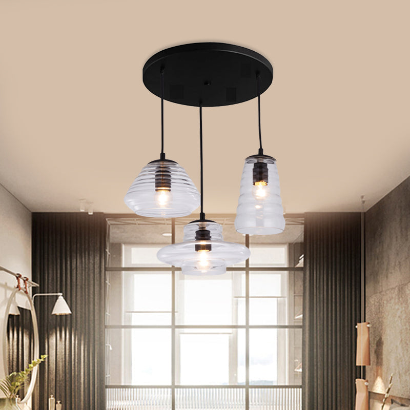 Modern Black Geometric 3-Light Clear Glass Ripple Pendant For Dining Room