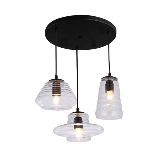 Modern Black Geometric 3-Light Clear Glass Ripple Pendant For Dining Room