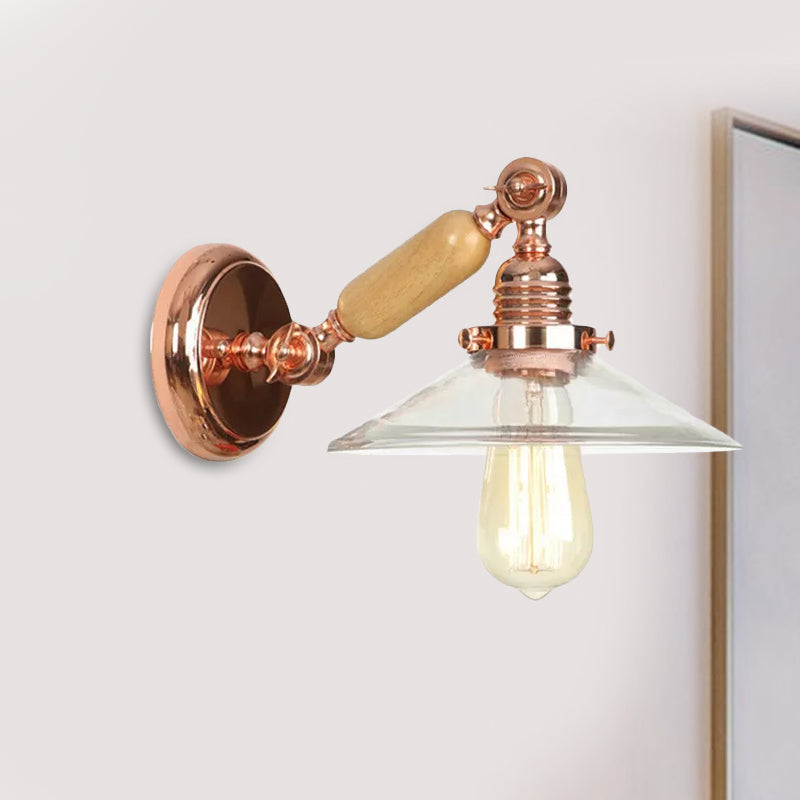 Rustic Rose Gold Cone Wall Sconce With Clear Glass Rotatable Arm 1 Light Living Room Lighting