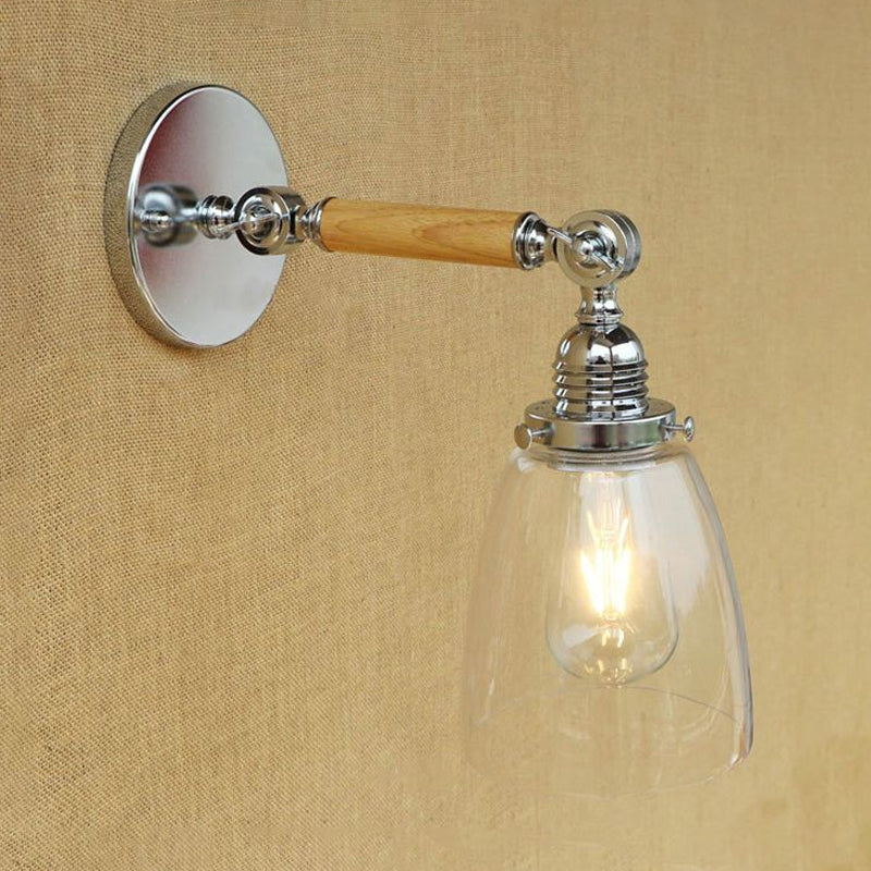 Dome Shade Clear Glass Wall Sconce: Industrial Living Room Light Fixture With Wooden Arm - Single