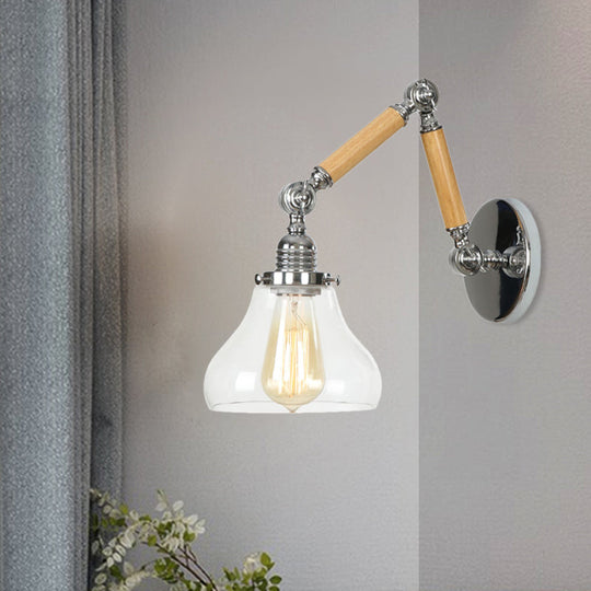 Industrial Gourd Glass Wall Sconce With Wooden Arm And Chrome Finish - 1 Light Fixture For Living