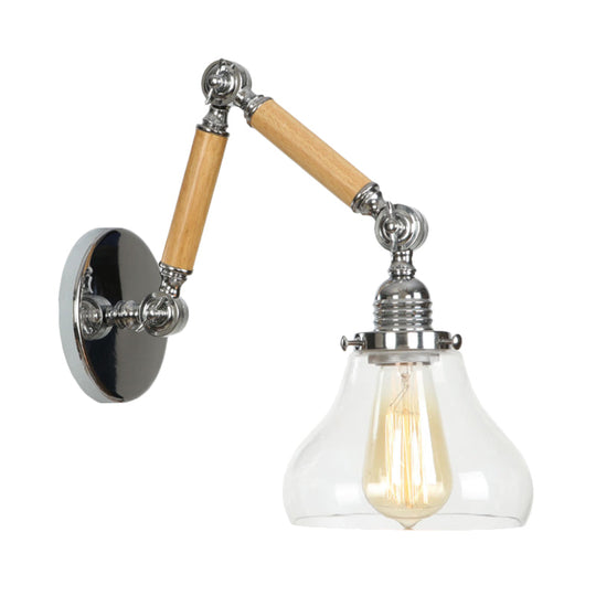 Industrial Gourd Glass Wall Sconce With Wooden Arm And Chrome Finish - 1 Light Fixture For Living