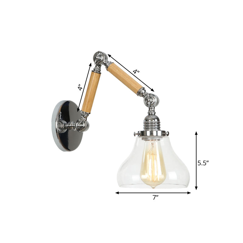 Industrial Gourd Glass Wall Sconce With Wooden Arm And Chrome Finish - 1 Light Fixture For Living