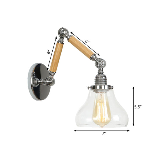 Industrial Gourd Glass Wall Sconce With Wooden Arm And Chrome Finish - 1 Light Fixture For Living