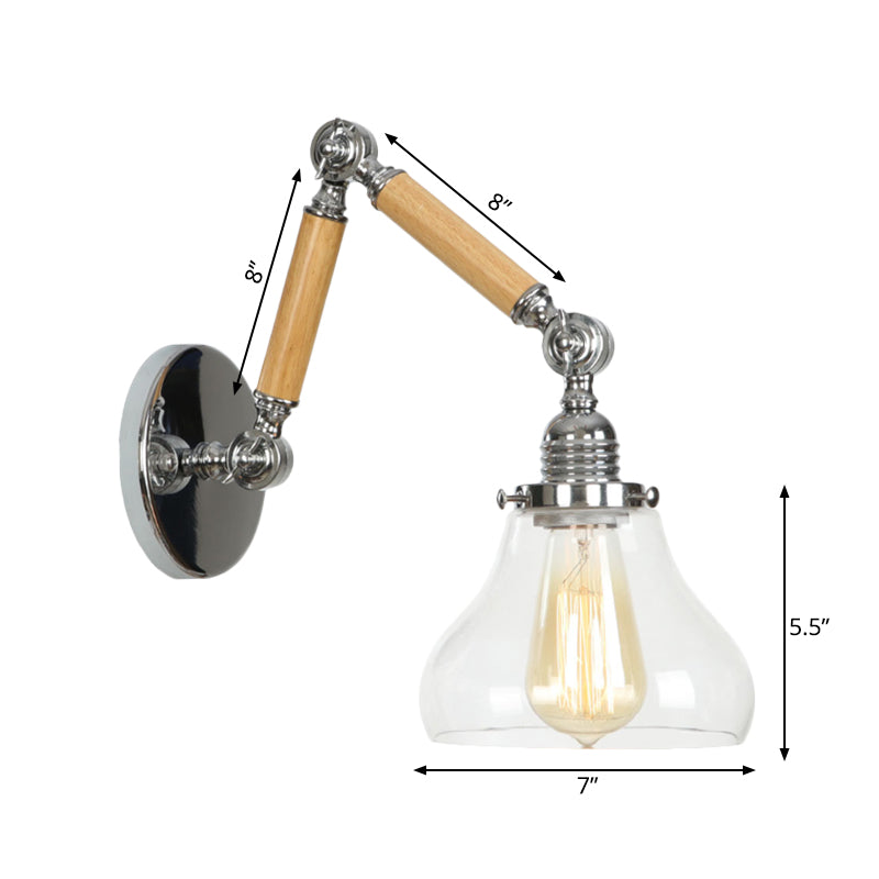 Industrial Gourd Glass Wall Sconce With Wooden Arm And Chrome Finish - 1 Light Fixture For Living