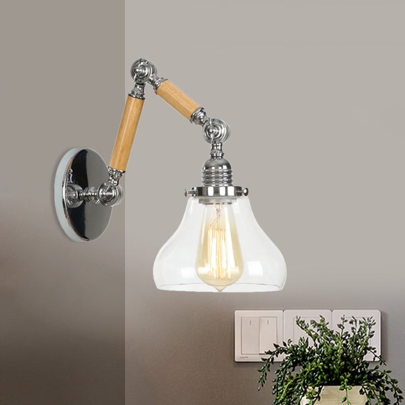 Industrial Gourd Glass Wall Sconce With Wooden Arm And Chrome Finish - 1 Light Fixture For Living